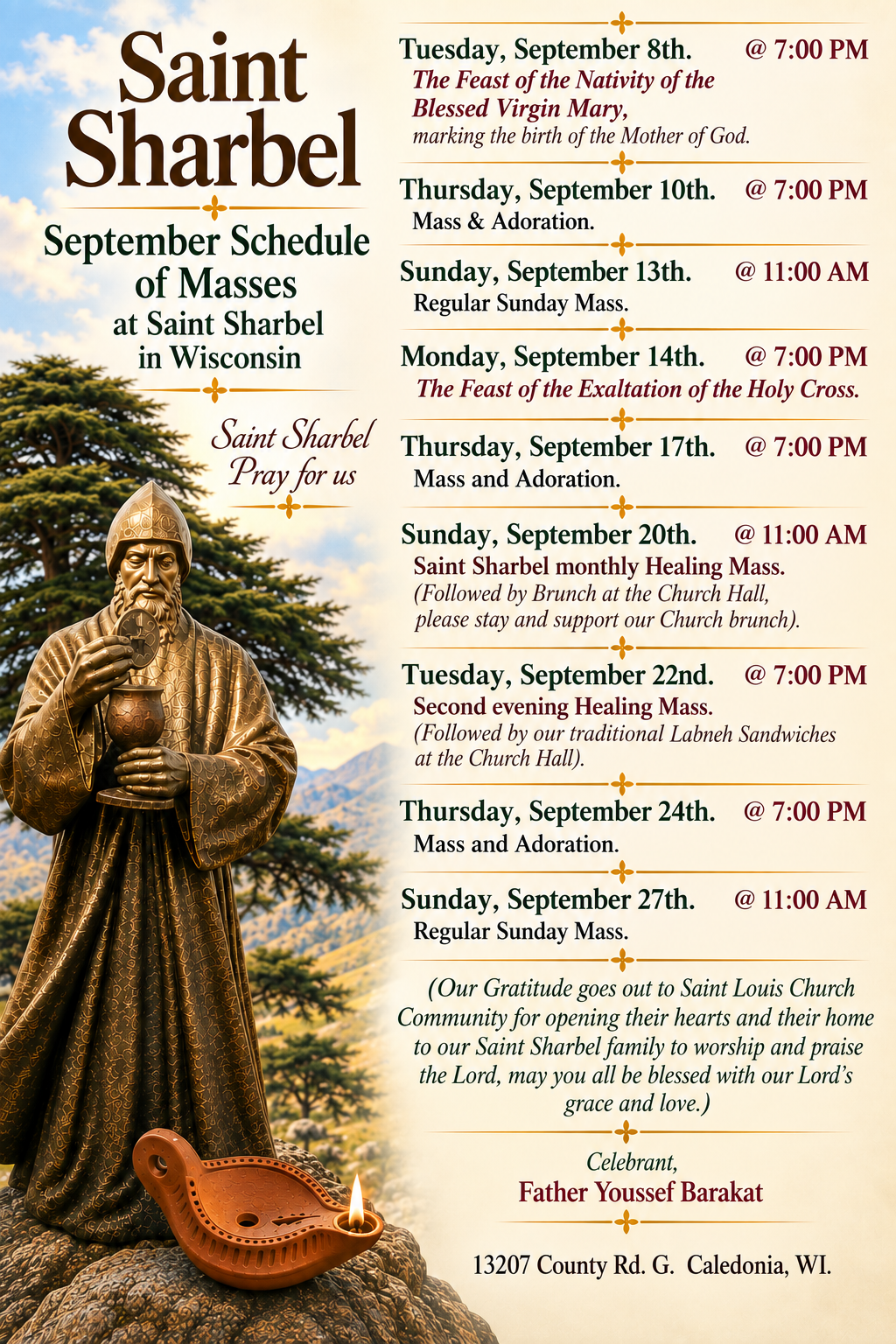 Saint Sharbel September 2026 Schedule of Masses